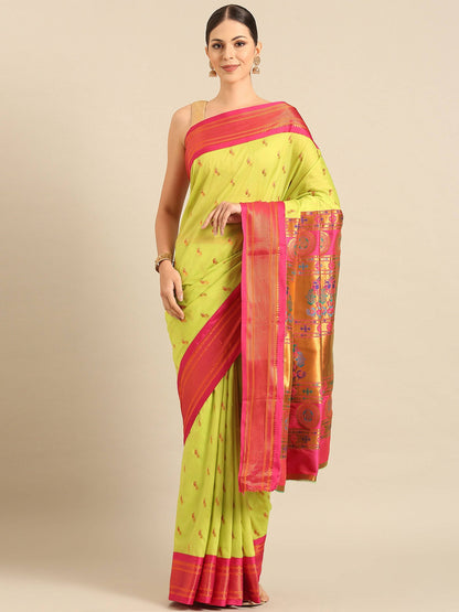 Myra Parrot Green & Pink Soft Silk Kadiyal Maharani Paithani Saree