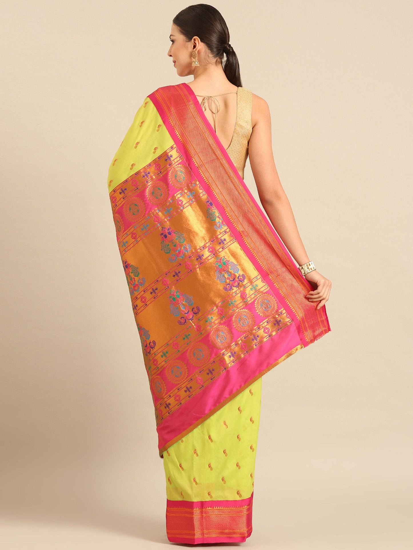 Myra Parrot Green & Pink Soft Silk Kadiyal Maharani Paithani Saree