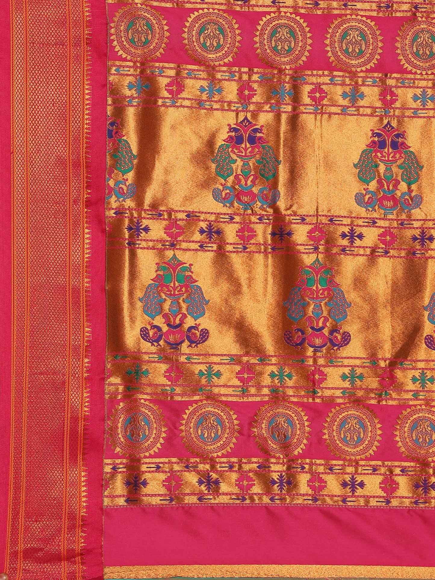 Myra Parrot Green & Pink Soft Silk Kadiyal Maharani Paithani Saree