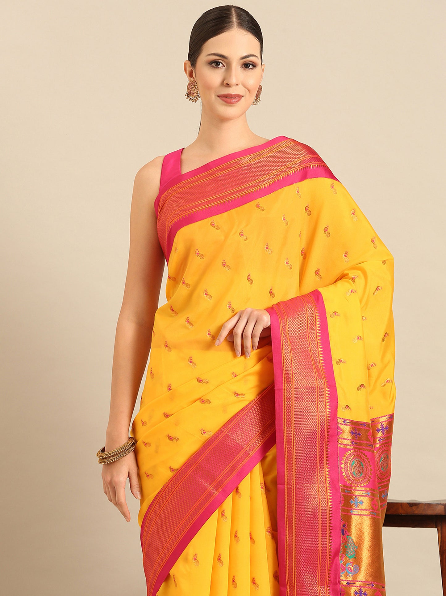 Myra Haldi & Pink Soft Silk Fancy Pallu Kadiyal Paithani Saree