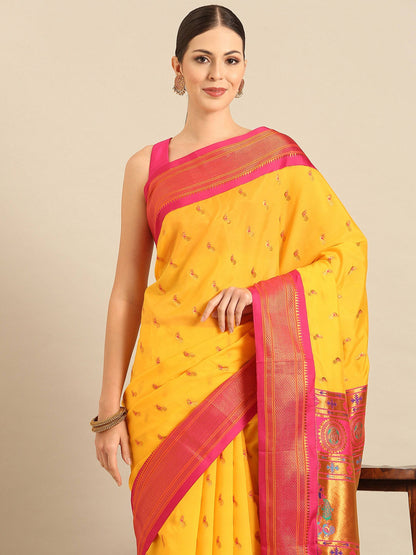 Myra Haldi & Pink Soft Silk Kadiyal Maharani Paithani Saree