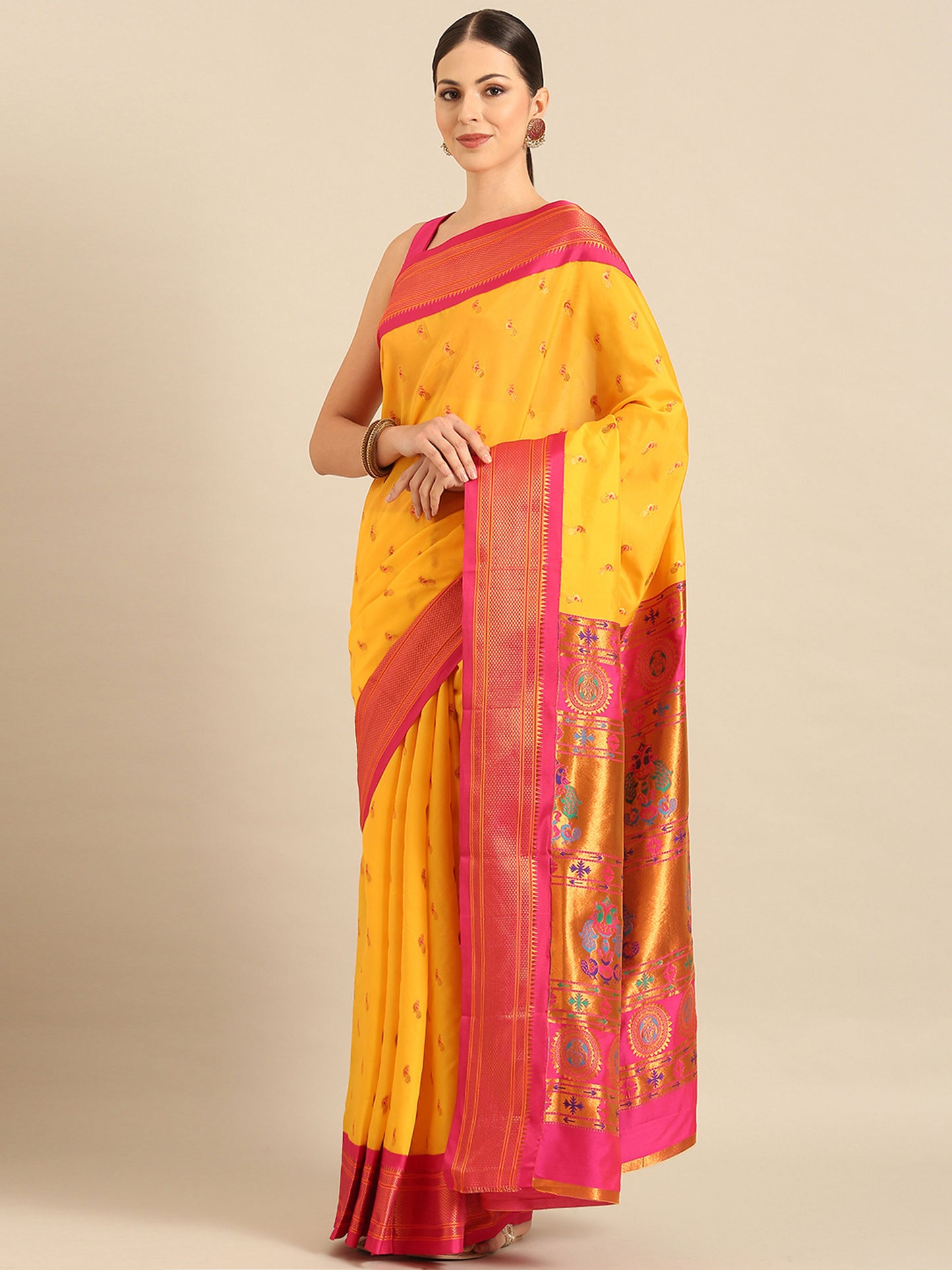 Myra Haldi & Pink Soft Silk Fancy Pallu Kadiyal Paithani Saree