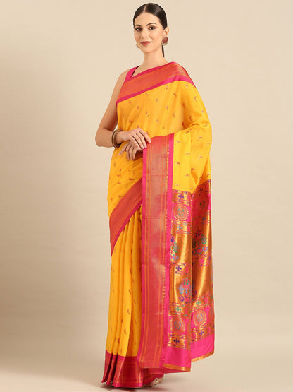 Myra Haldi & Pink Soft Silk Kadiyal Maharani Paithani Saree