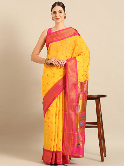 Myra Haldi & Pink Soft Silk Fancy Pallu Kadiyal Paithani Saree