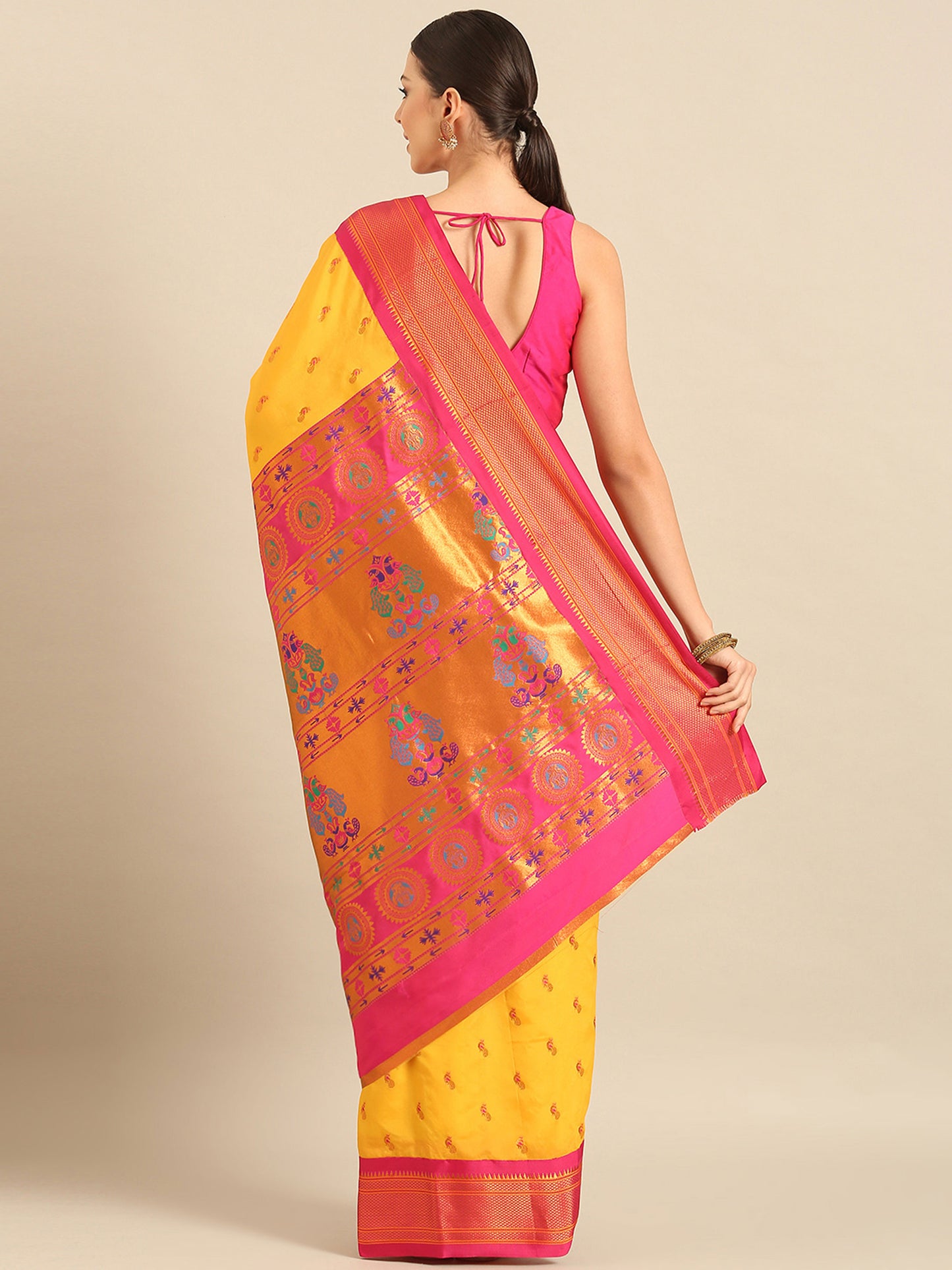 Myra Haldi & Pink Soft Silk Fancy Pallu Kadiyal Paithani Saree