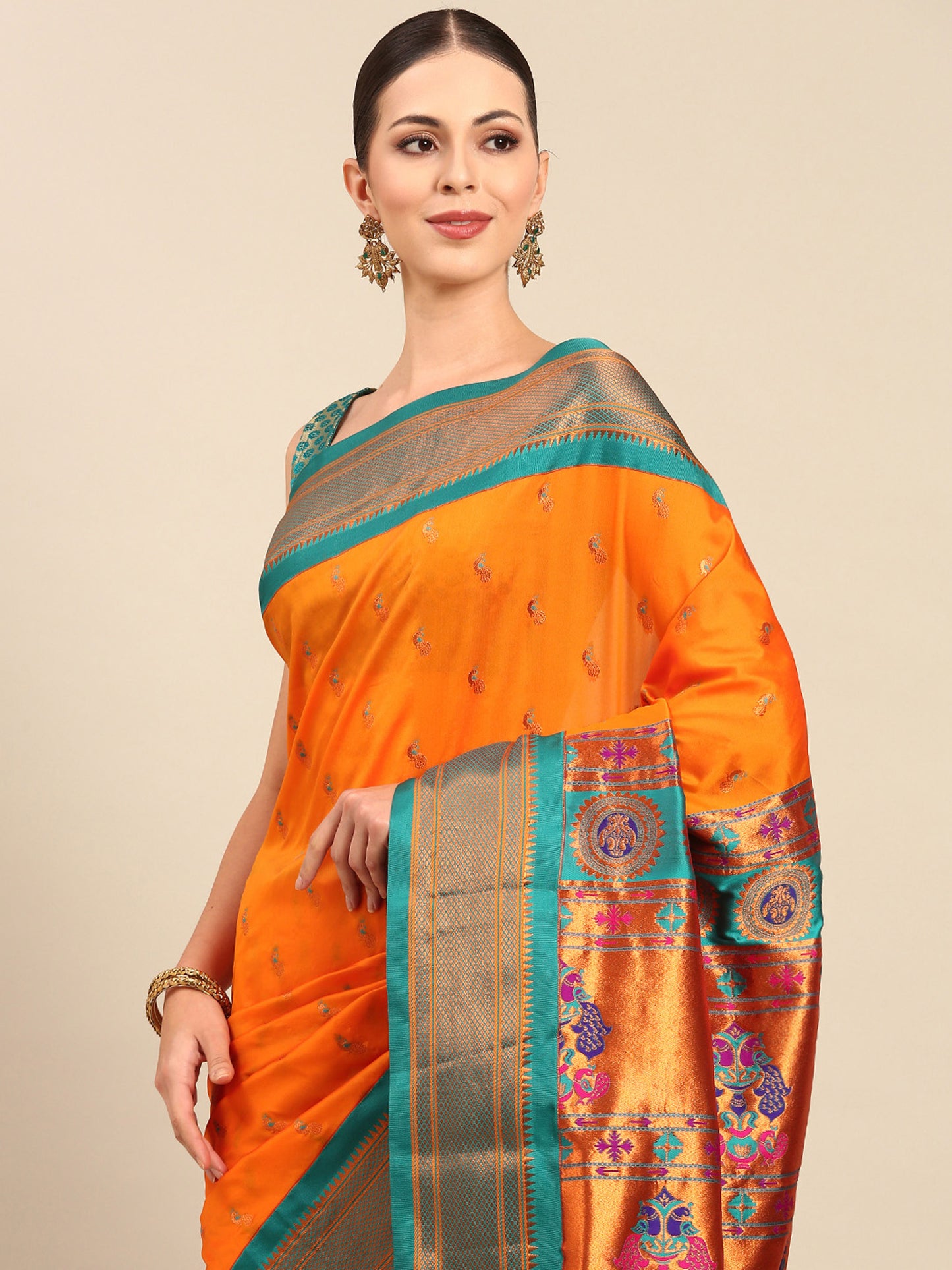 Myra Orange & Rama Soft Silk Fancy Pallu Kadiyal Paithani Saree