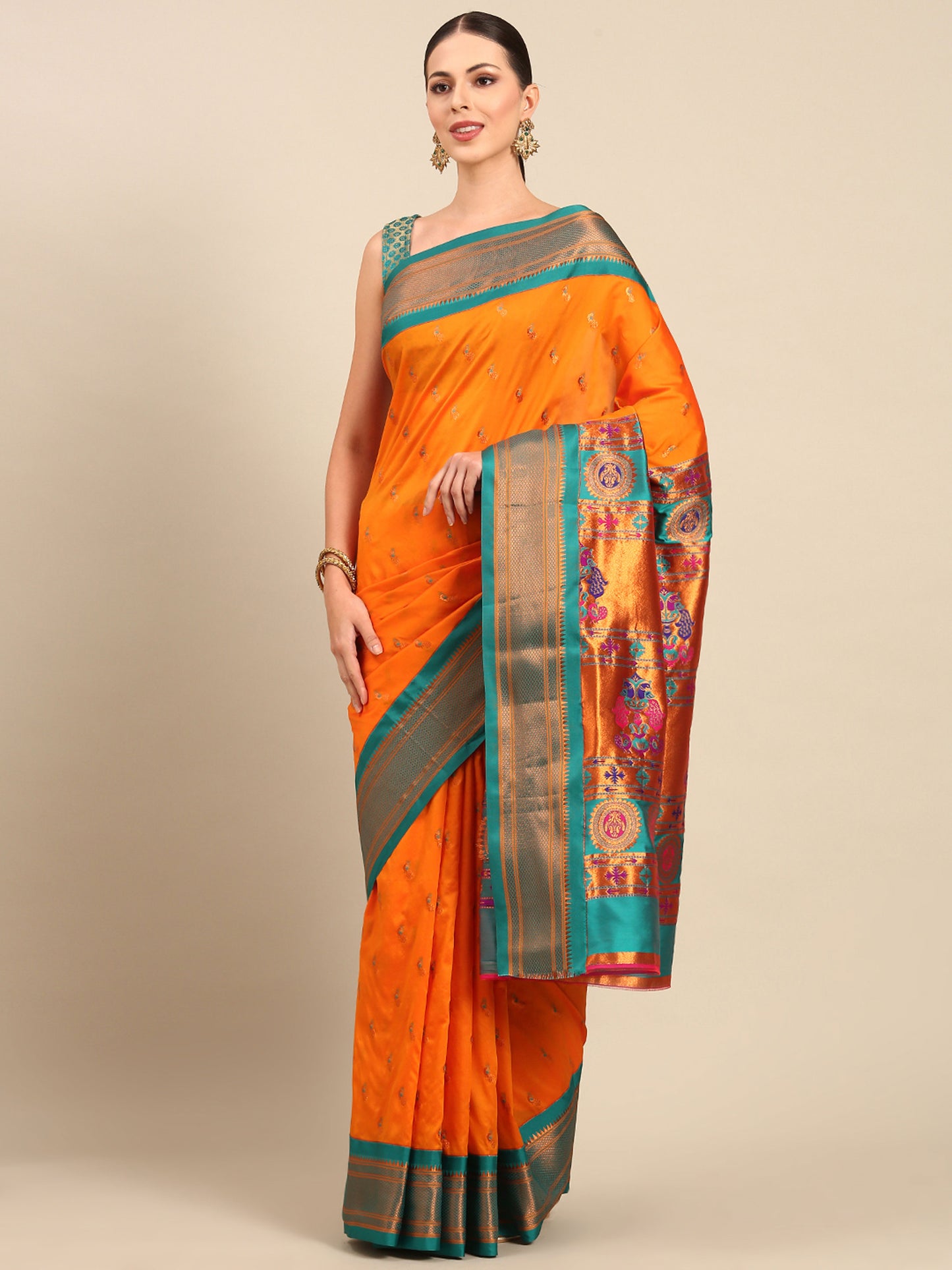 Myra Orange & Rama Soft Silk Fancy Pallu Kadiyal Paithani Saree