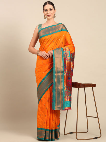 Myra Orange & Rama Soft Silk Fancy Pallu Kadiyal Paithani Saree