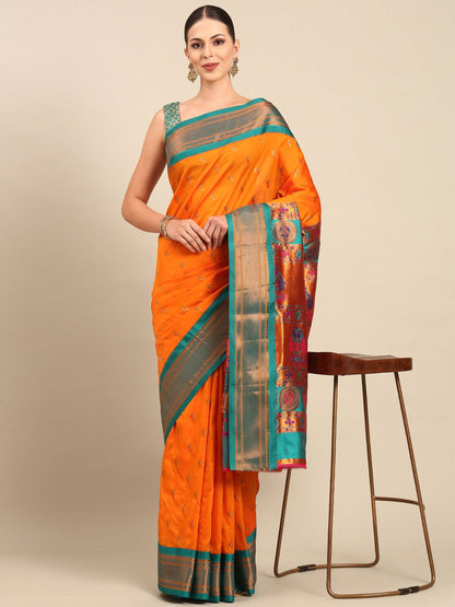 Myra Orange & Rama Soft Silk Kadiyal Maharani Paithani Saree