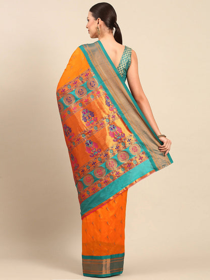 Myra Orange & Rama Soft Silk Kadiyal Maharani Paithani Saree