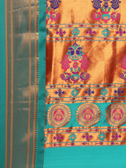 Myra Orange & Rama Soft Silk Fancy Pallu Kadiyal Paithani Saree