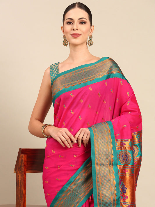 Myra Hot Pink & Rama Soft Silk Fancy Pallu Kadiyal Paithani Saree