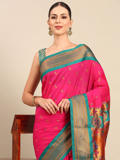 Myra Hot Pink & Rama Soft Silk Kadiyal Maharani Paithani Saree