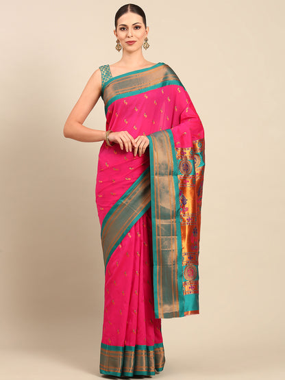 Myra Hot Pink & Rama Soft Silk Fancy Pallu Kadiyal Paithani Saree