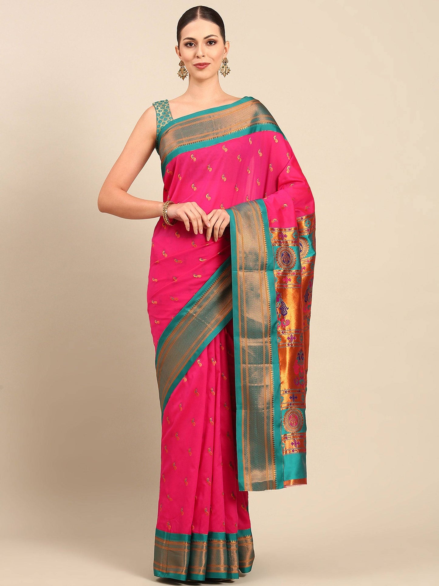 Myra Hot Pink & Rama Soft Silk Kadiyal Maharani Paithani Saree