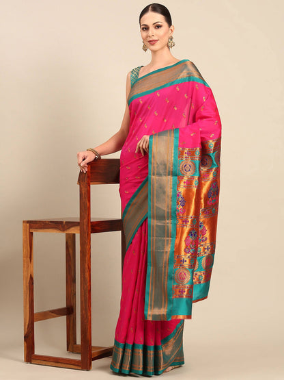 Myra Hot Pink & Rama Soft Silk Kadiyal Maharani Paithani Saree