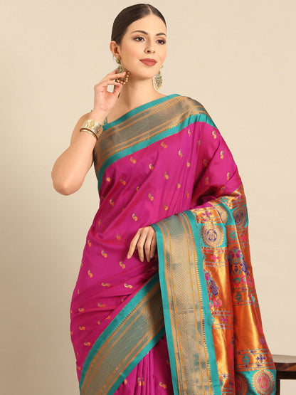 Myra Magenta & Rama Soft Silk Kadiyal Maharani Paithani Saree