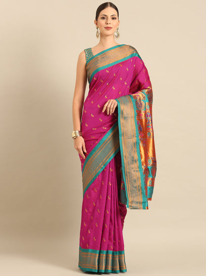 Myra Magenta & Rama Soft Silk Fancy Pallu Kadiyal Paithani Saree