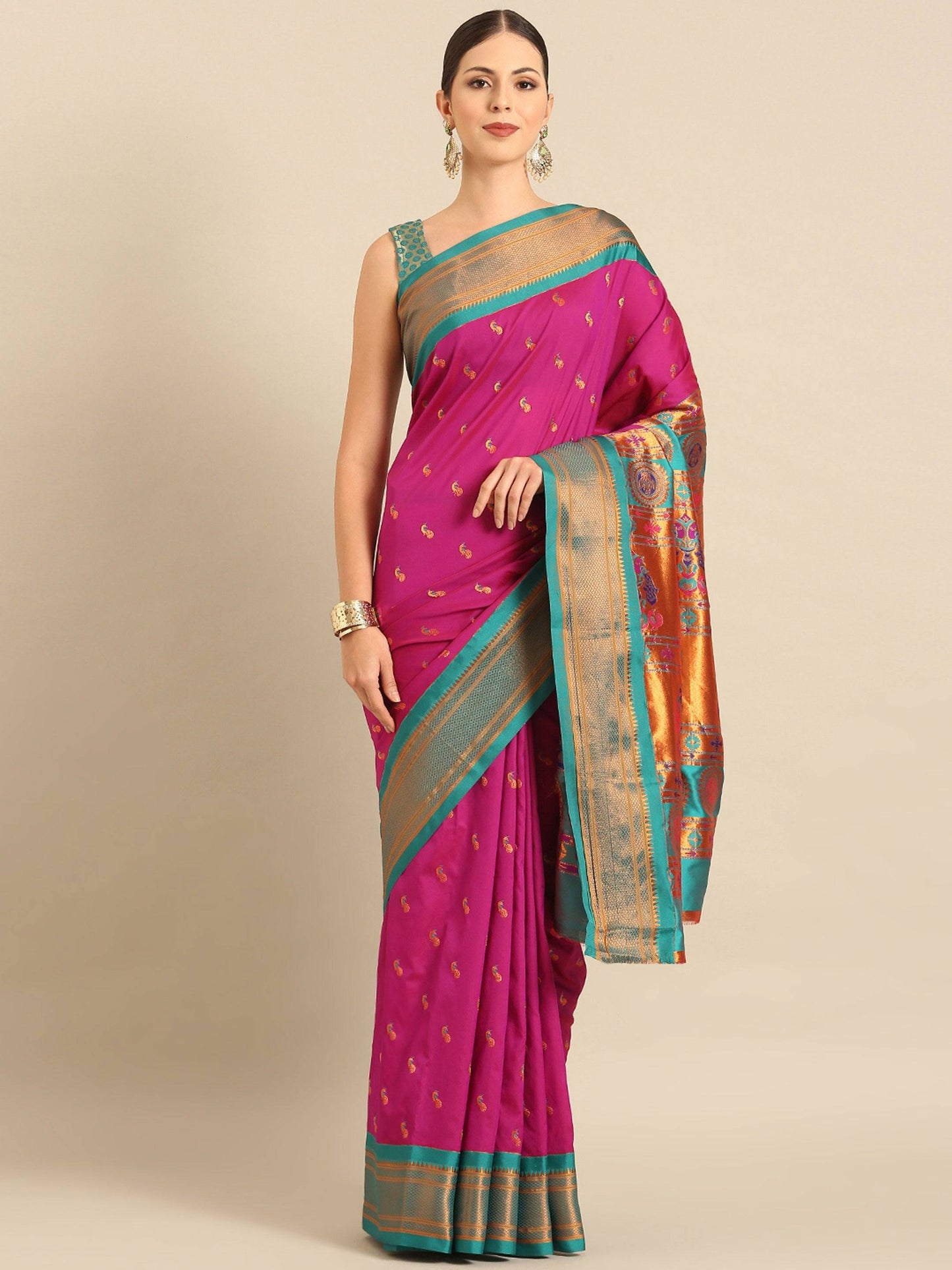 Myra Magenta & Rama Soft Silk Kadiyal Maharani Paithani Saree