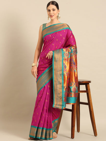 Myra Magenta & Rama Soft Silk Fancy Pallu Kadiyal Paithani Saree