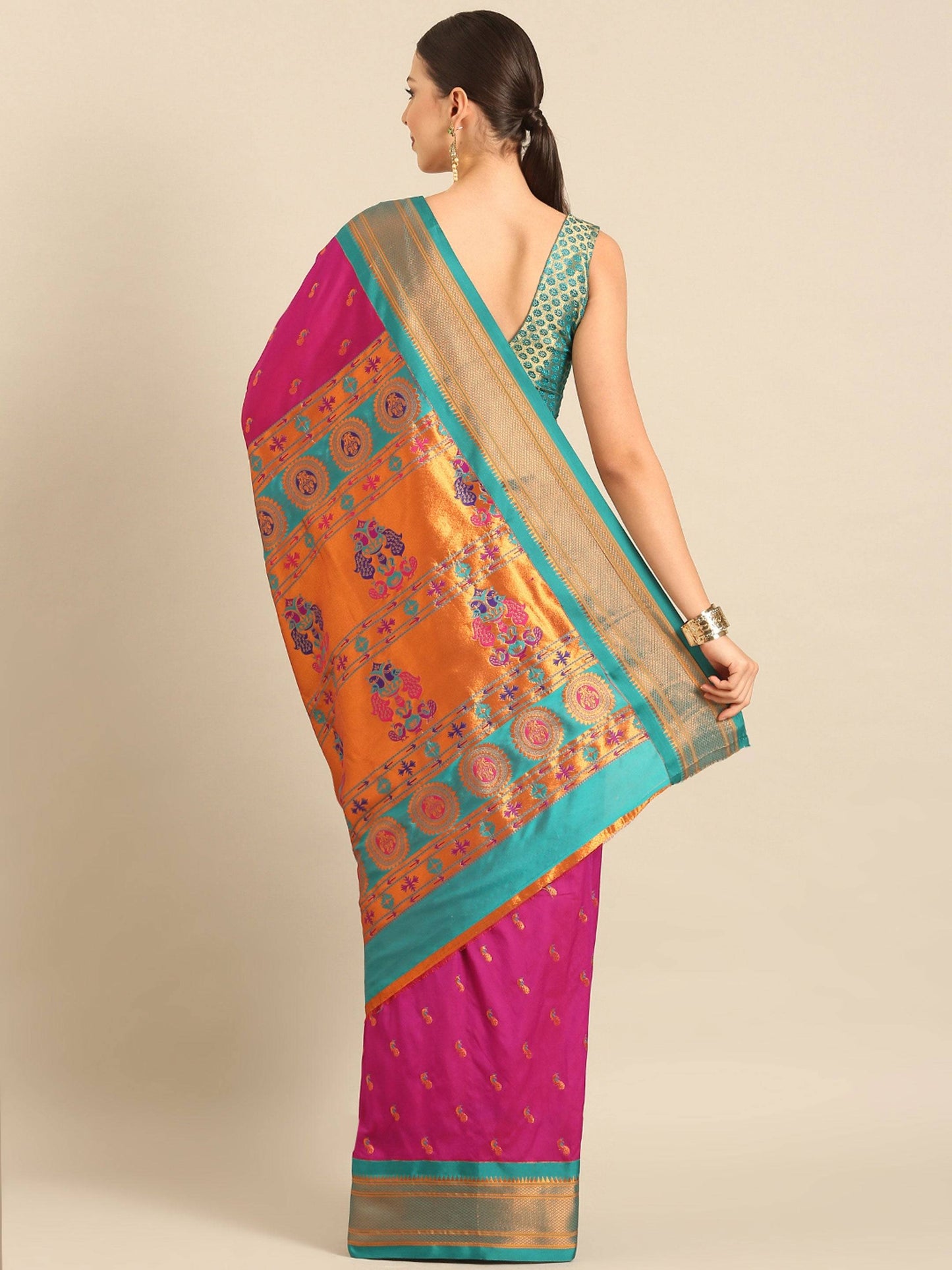 Myra Magenta & Rama Soft Silk Kadiyal Maharani Paithani Saree