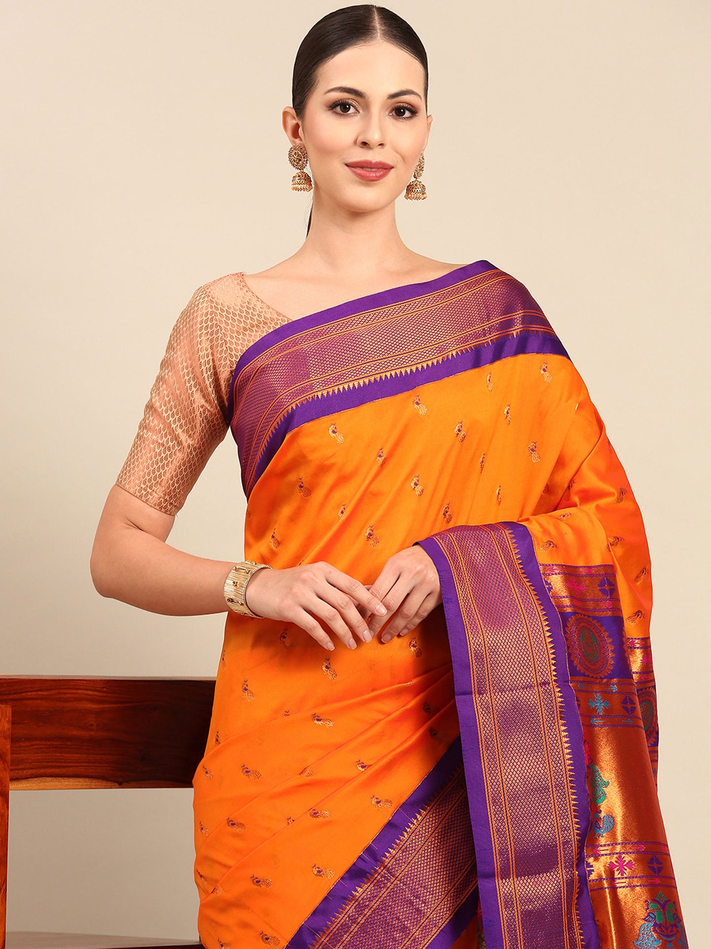 Myra Orange & Violet Soft Silk Fancy Pallu Kadiyal Paithani Saree