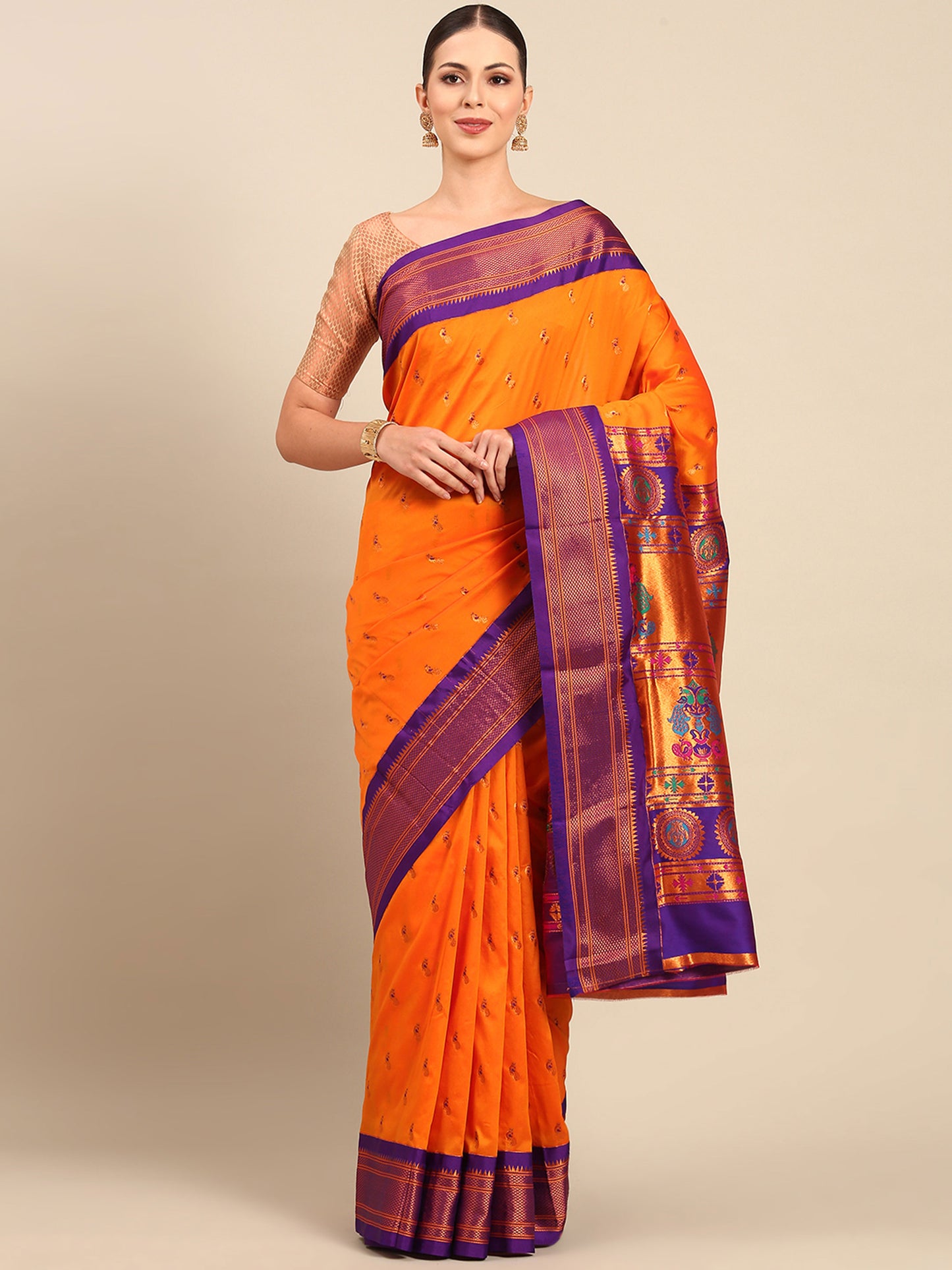 Myra Orange & Violet Soft Silk Fancy Pallu Kadiyal Paithani Saree