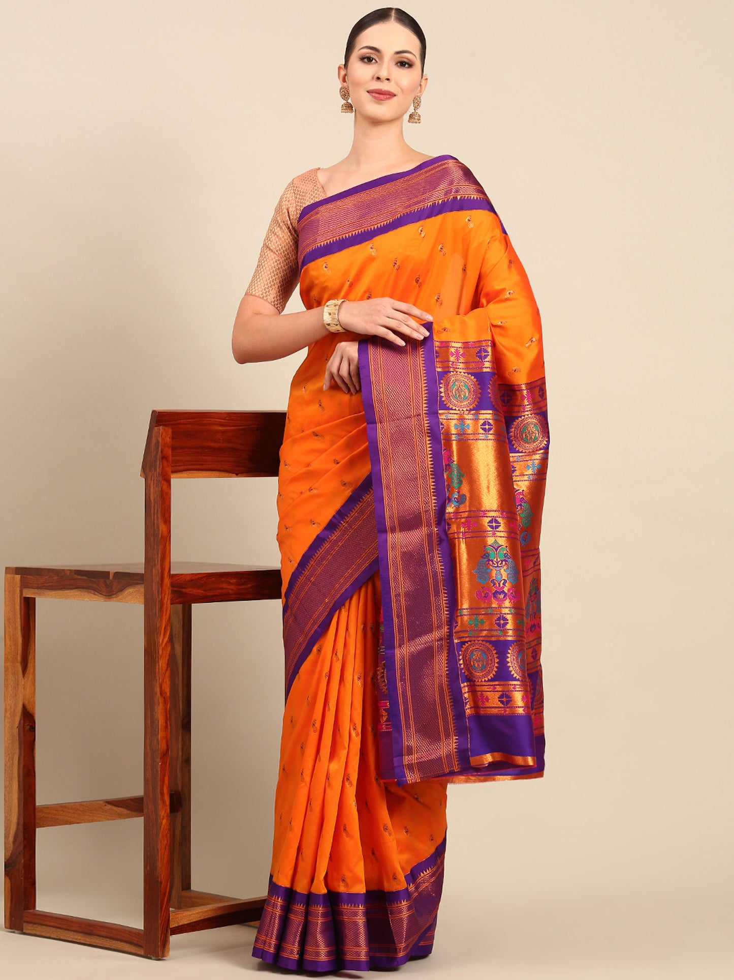 Myra Orange & Violet Soft Silk Fancy Pallu Kadiyal Paithani Saree