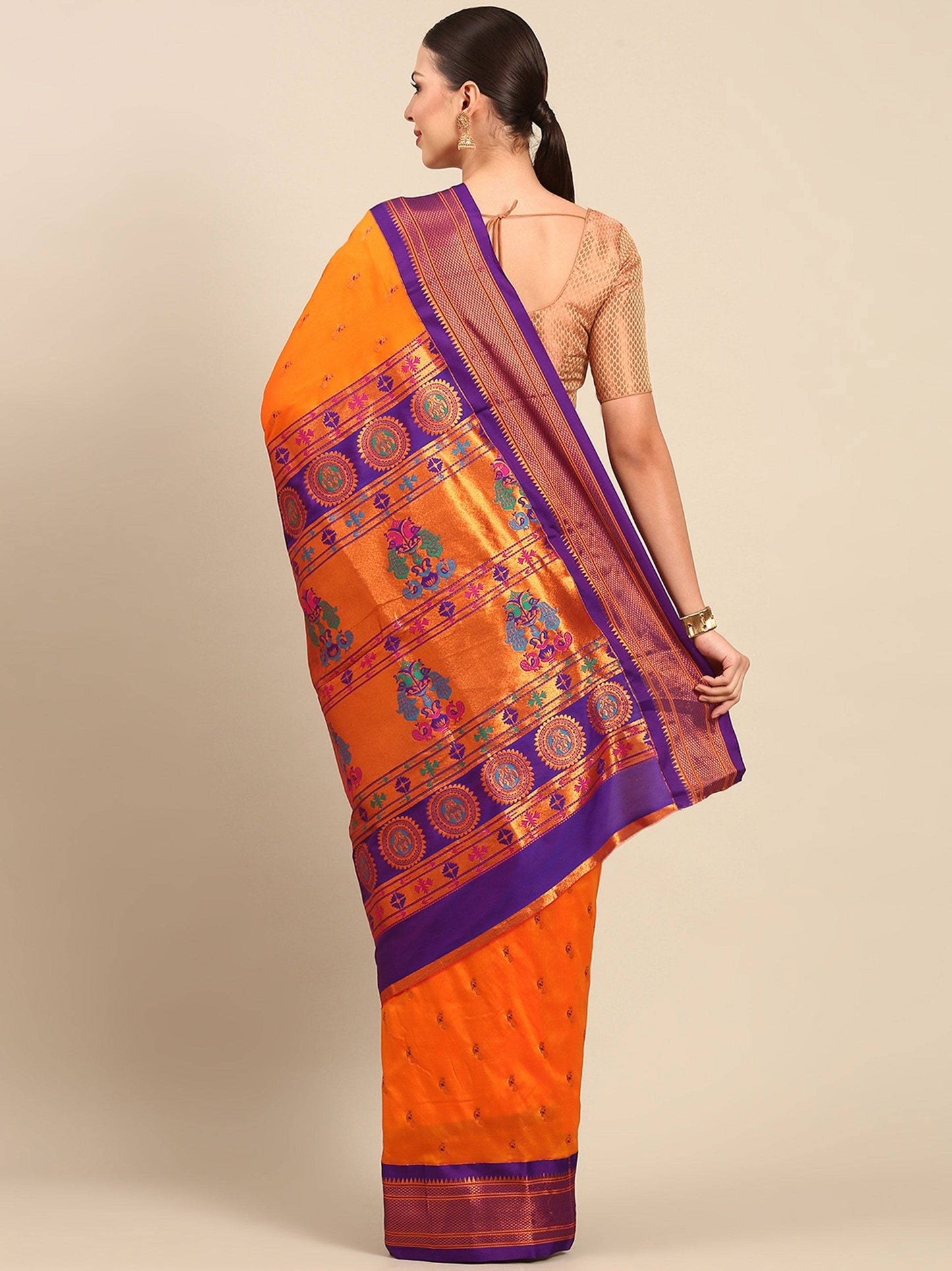 Myra Orange & Violet Soft Silk Kadiyal Maharani Paithani Saree