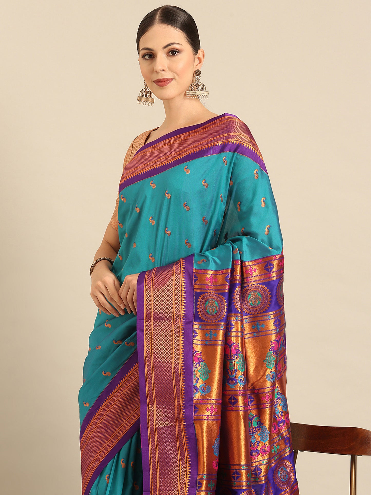 Myra Rama & Violet Soft Silk Fancy Pallu Kadiyal Paithani Saree