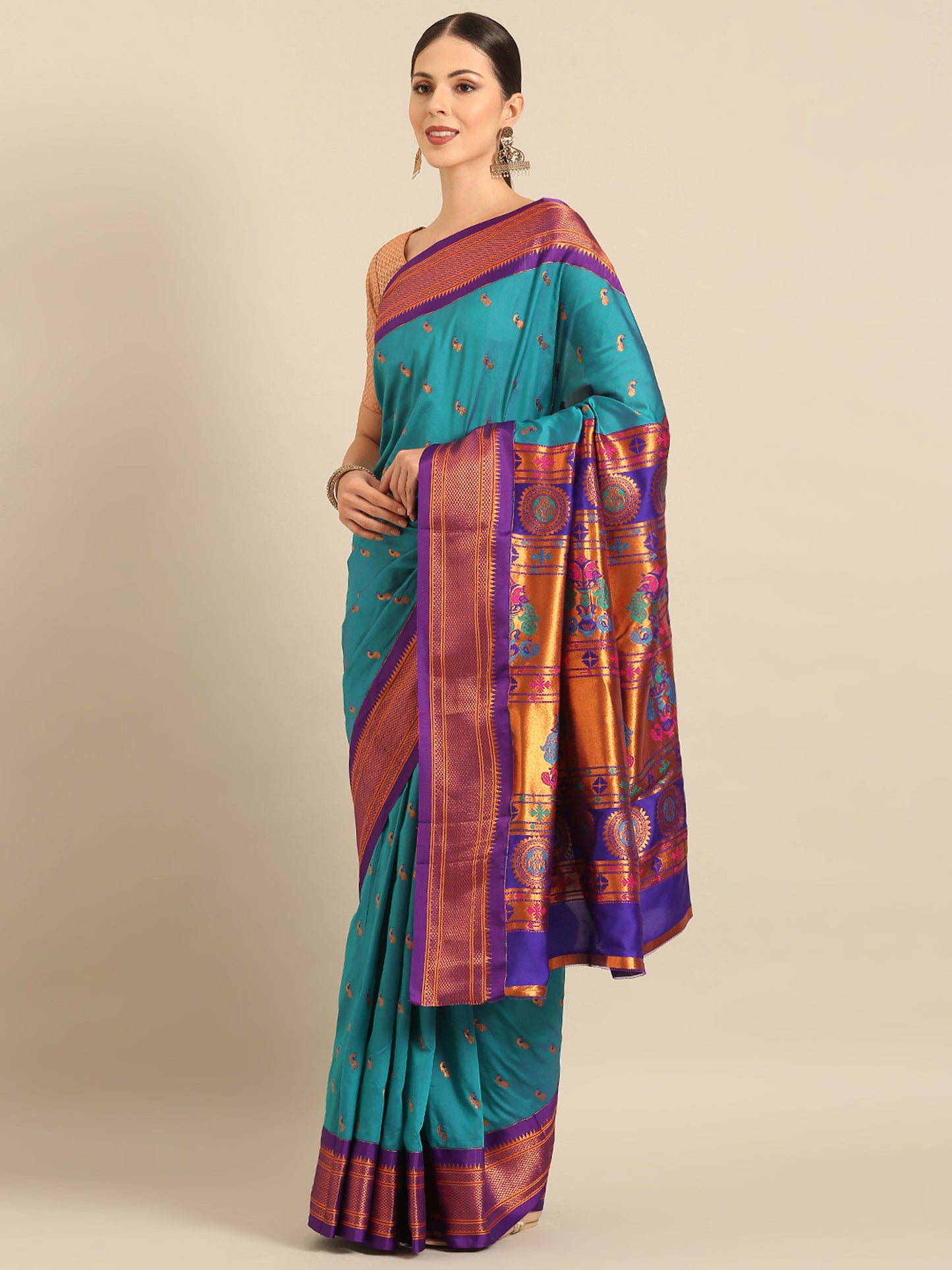 Myra Rama & Violet Soft Silk Fancy Pallu Kadiyal Paithani Saree