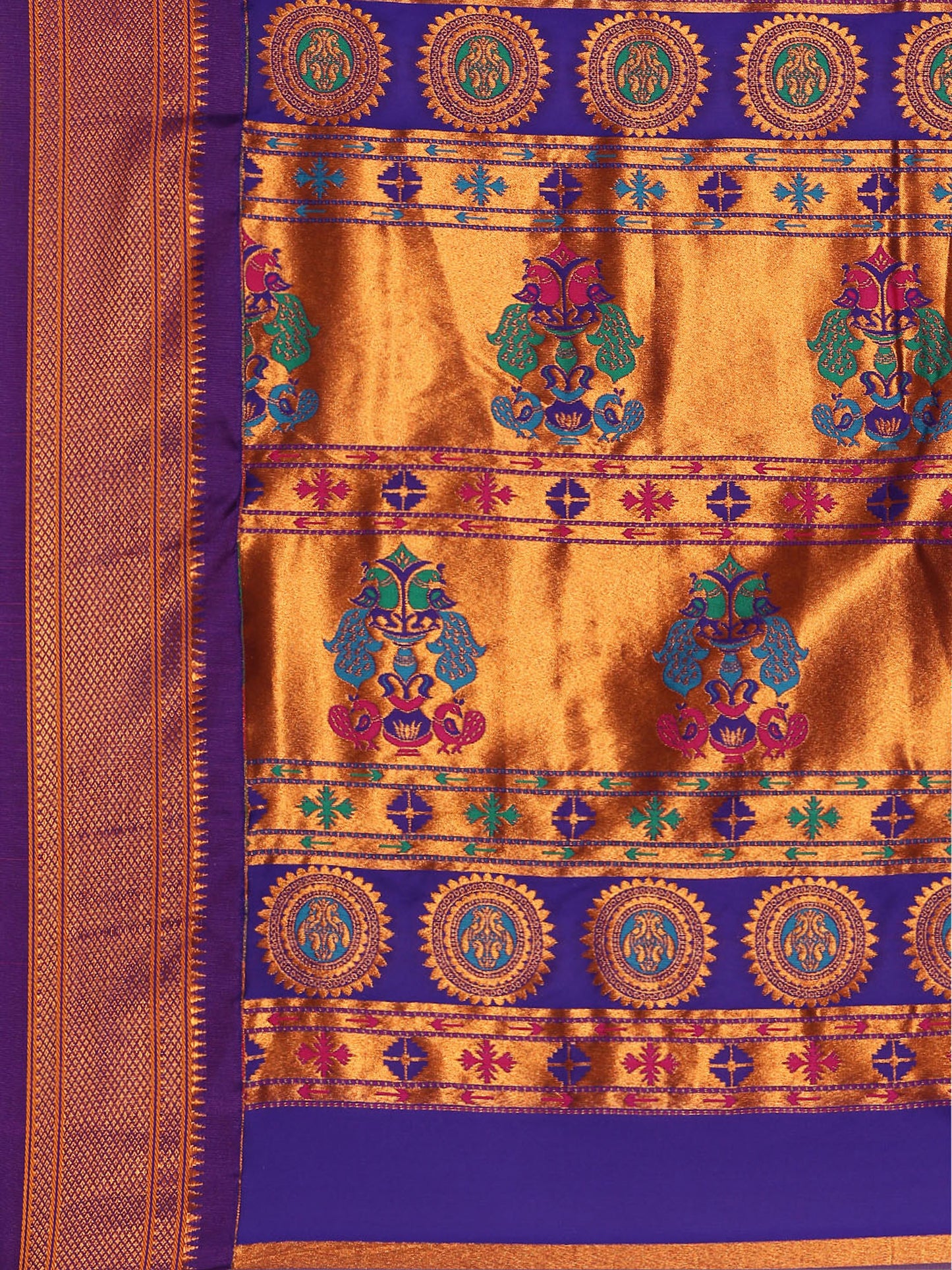 Myra Rama & Violet Soft Silk Fancy Pallu Kadiyal Paithani Saree