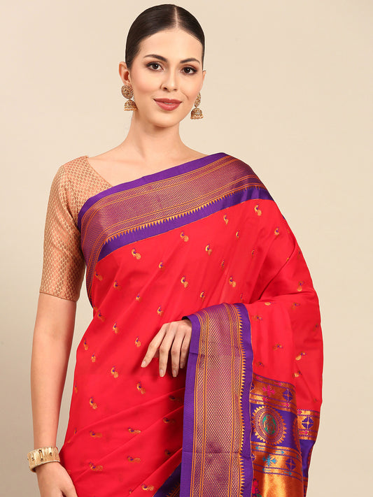 Myra Red & Violet Soft Silk Fancy Pallu Kadiyal Paithani Saree