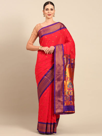 Myra Red & Violet Soft Silk Fancy Pallu Kadiyal Paithani Saree