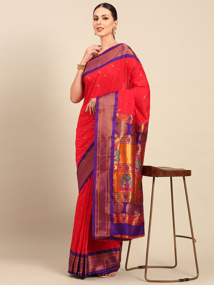 Myra Red & Violet Soft Silk Fancy Pallu Kadiyal Paithani Saree