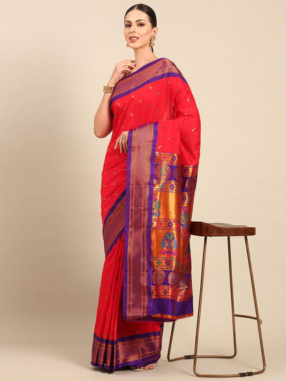 Myra Red & Violet Soft Silk Kadiyal Maharani Paithani Saree