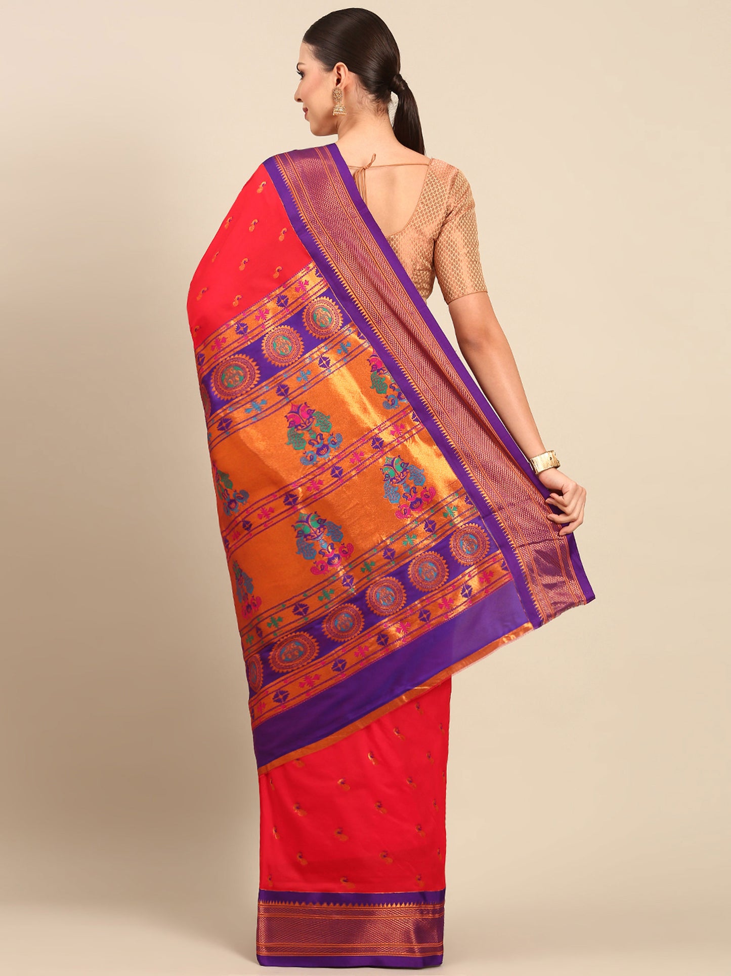 Myra Red & Violet Soft Silk Fancy Pallu Kadiyal Paithani Saree