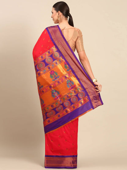 Myra Red & Violet Soft Silk Kadiyal Maharani Paithani Saree