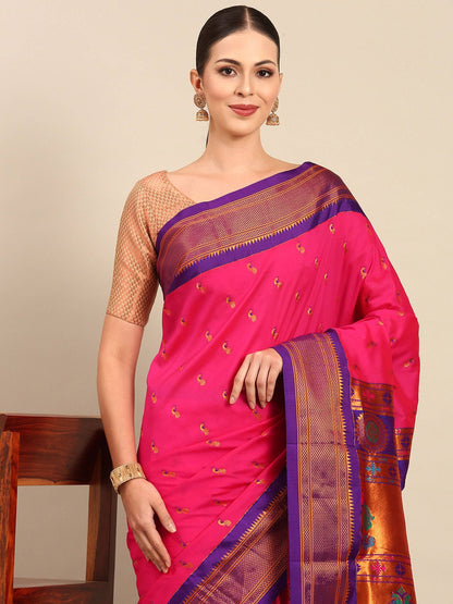 Myra Hot Pink & Violet Soft Silk Kadiyal Maharani Paithani Saree