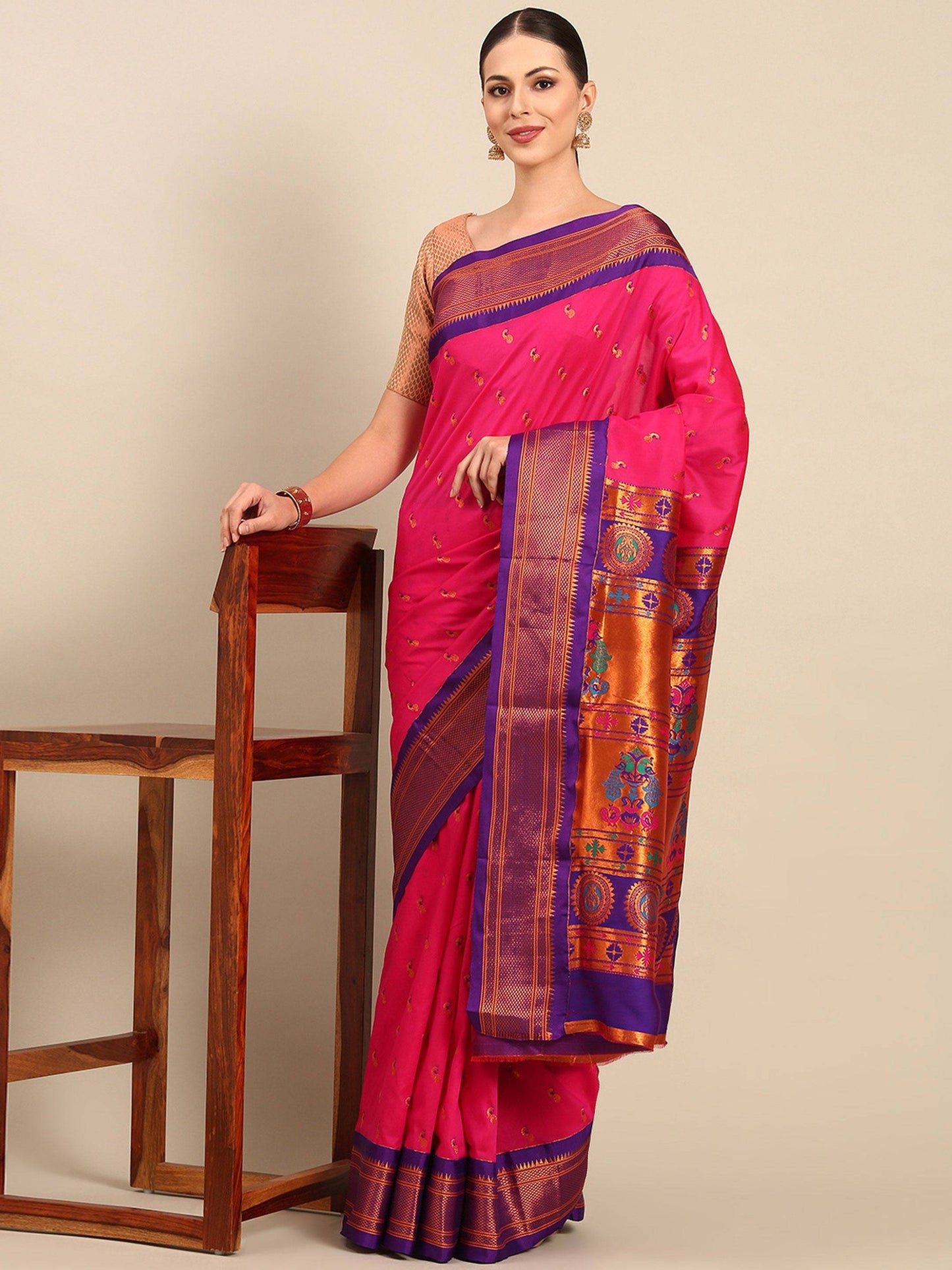 Myra Hot Pink & Violet Soft Silk Kadiyal Maharani Paithani Saree