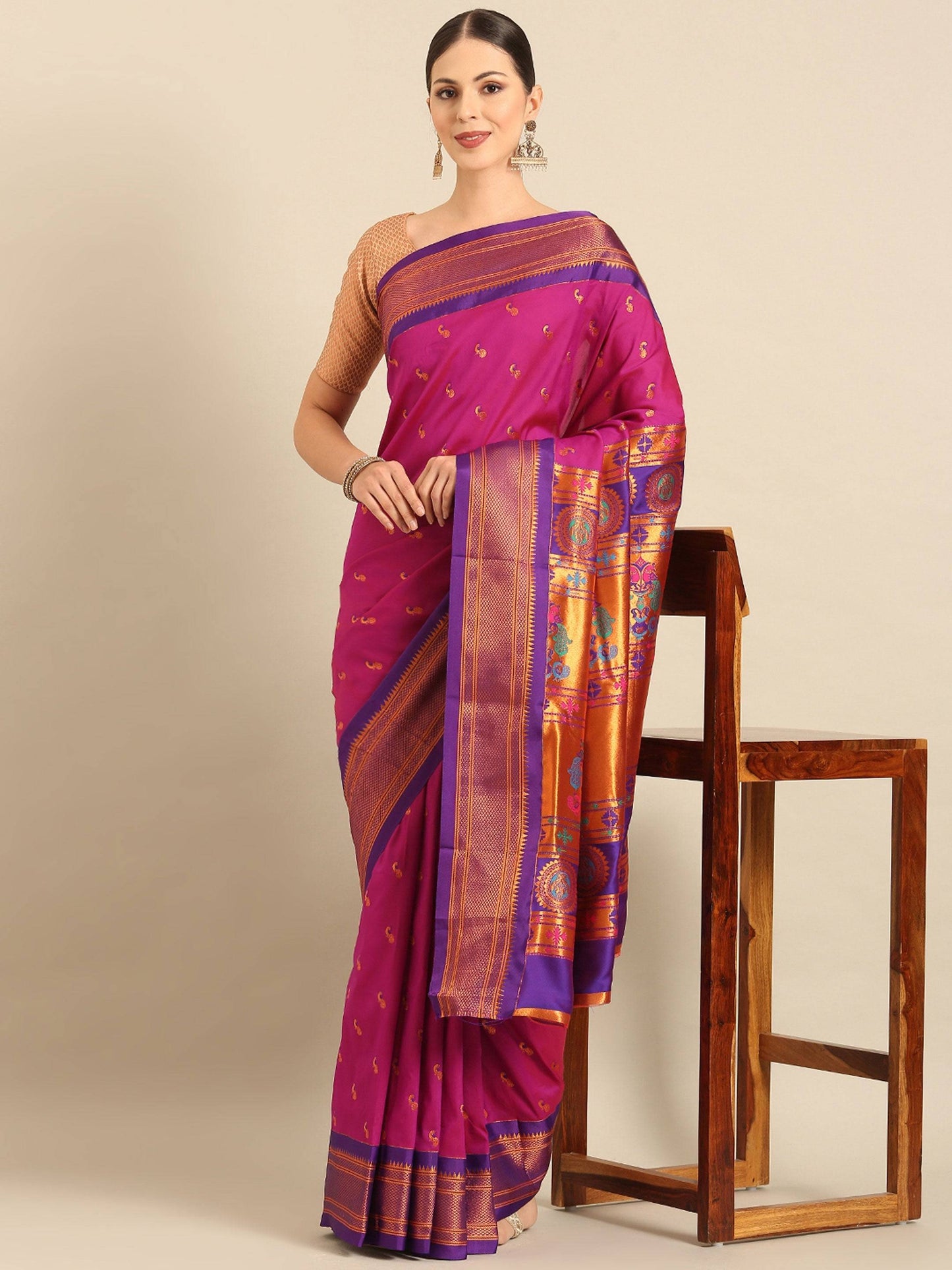 Myra Magenta & Violet Soft Silk Kadiyal Maharani Paithani Saree