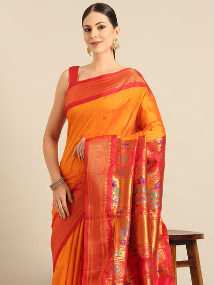 Mukta Orange & Red Soft Silk Kadiyal Maharani Paithani Saree