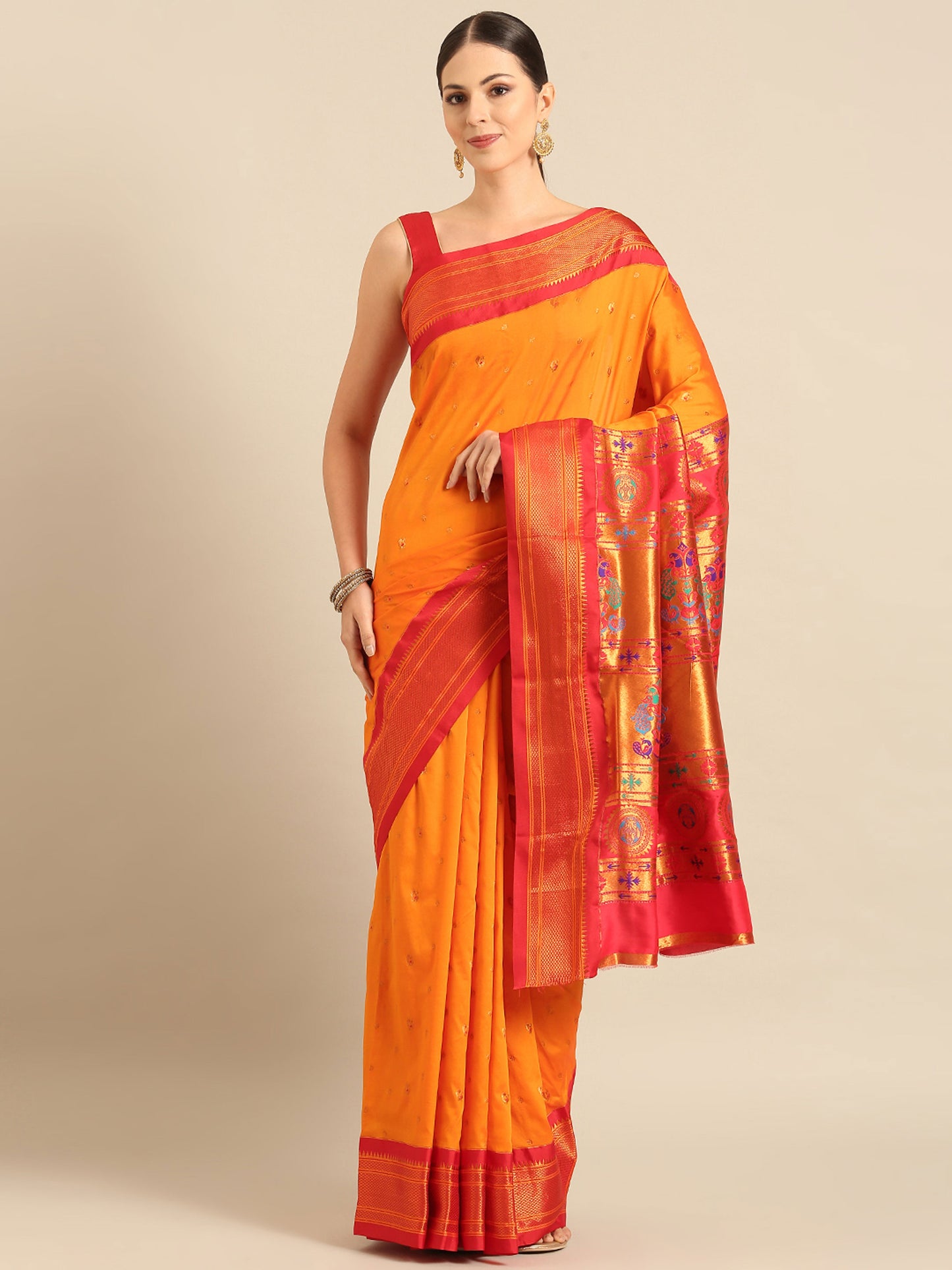 Mukta Orange & Red Soft Silk Kadiyal Maharani Paithani Saree