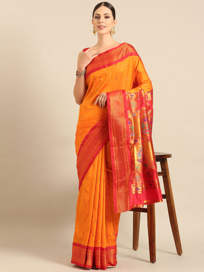 Mukta Orange & Red Soft Silk Kadiyal Maharani Paithani Saree