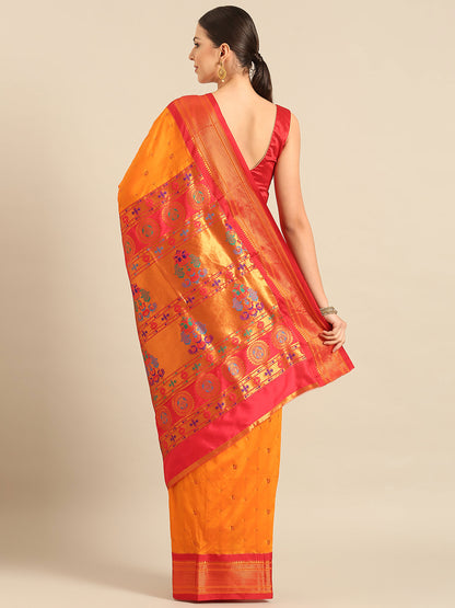 Mukta Orange & Red Soft Silk Kadiyal Maharani Paithani Saree