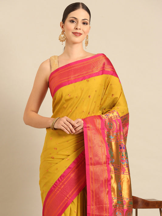 Mukta Mustard & Pink Soft Silk Kadiyal Maharani Paithani Saree