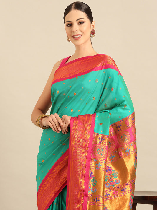 Mukta Sea Green & Pink Soft Silk Kadiyal Maharani Paithani Saree