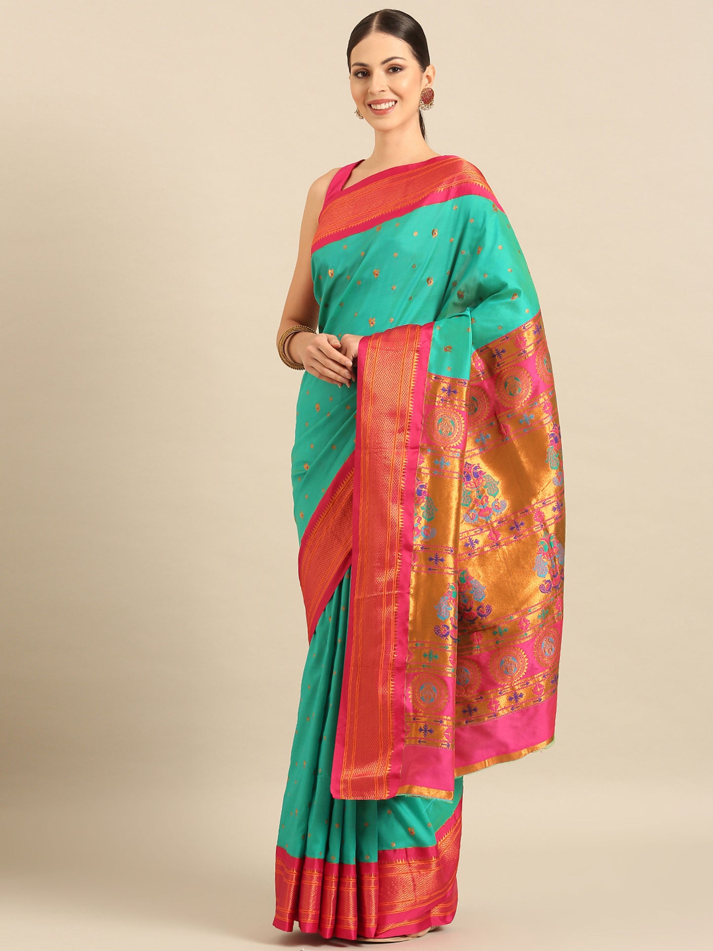 Mukta Sea Green & Pink Soft Silk Kadiyal Maharani Paithani Saree