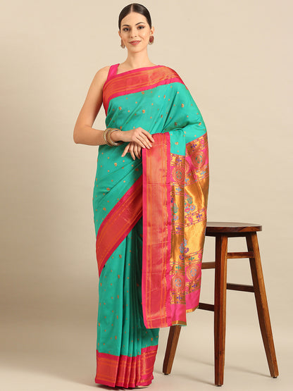 Mukta Sea Green & Pink Soft Silk Kadiyal Maharani Paithani Saree