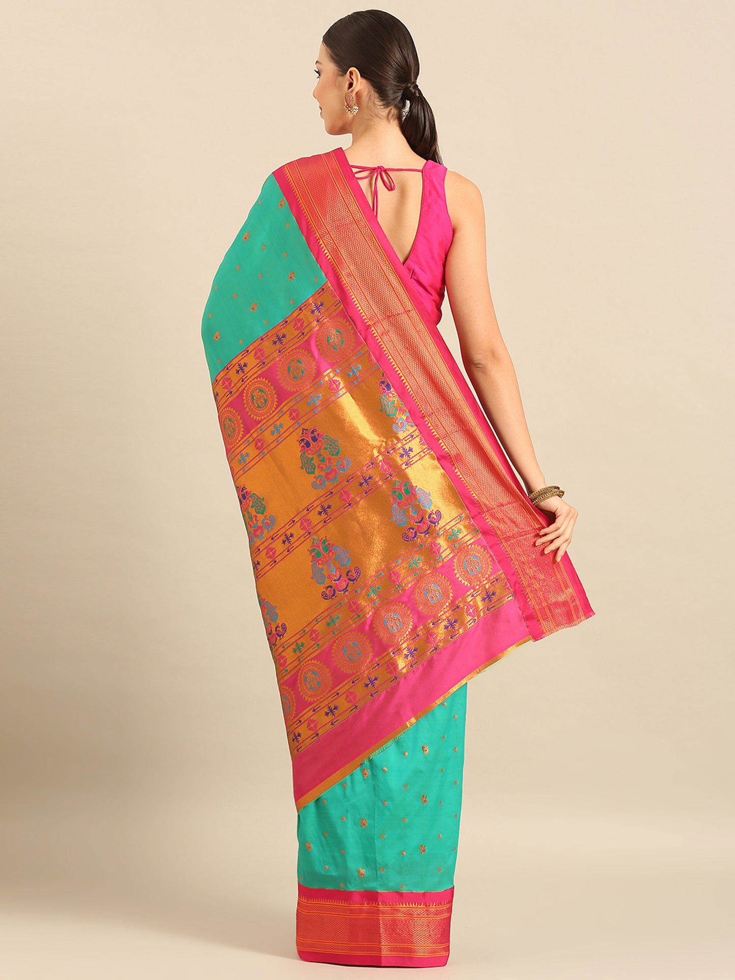 Mukta Sea Green & Pink Soft Silk Kadiyal Maharani Paithani Saree